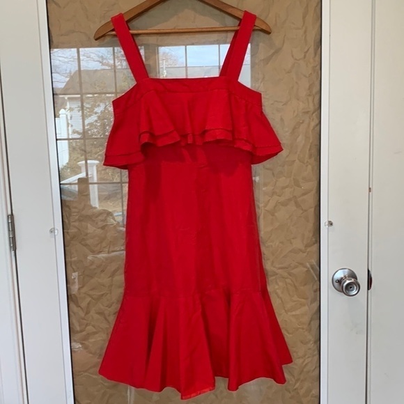 Jill Stuart | Red Frida Ruffle Hem Silk Cotton Blend Pockets Dress NWOT Size 0 - Picture 4 of 11